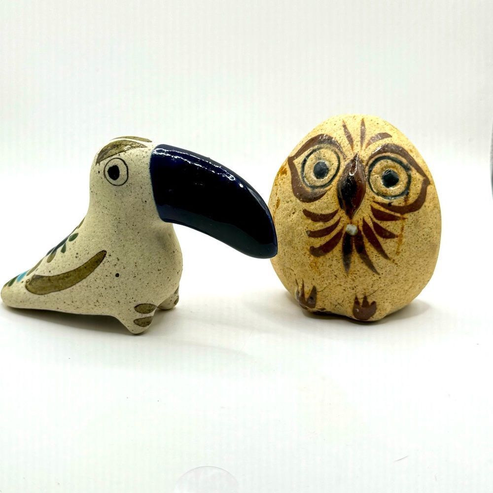 Set Of 2 Tonala Mexican Pottery Ceramic Hand Painted Mini Owl And Toucan Signed